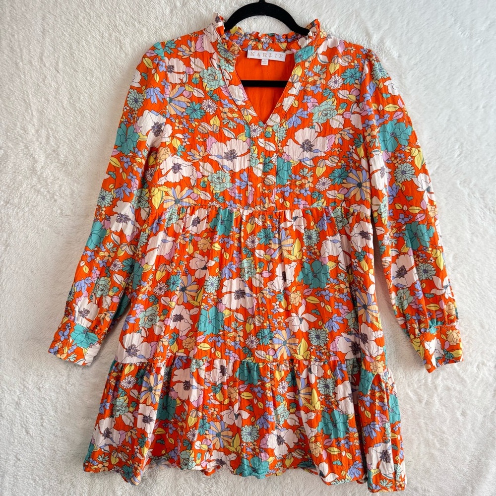 KARLIE Dress Women’s Small Orange‎ Floral Mini Tiered Flowy Boho Casual Feminine